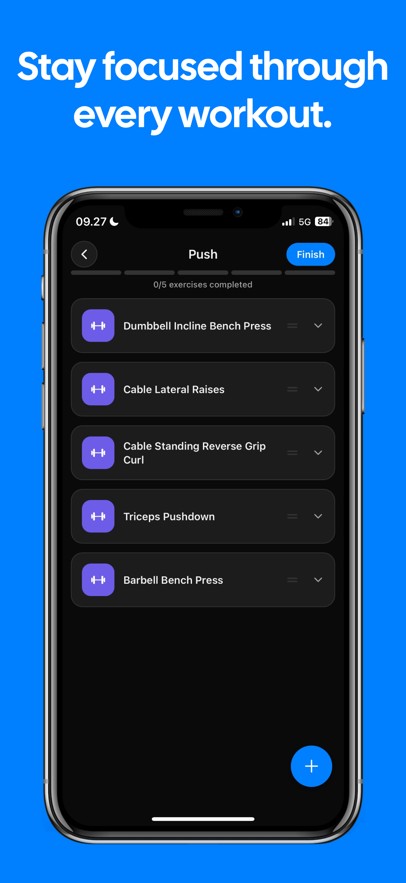 Workout logging with reorderable exercises and set tracking